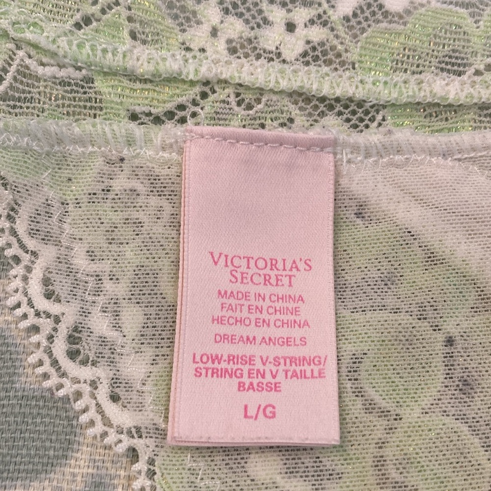 Vintage Victoria’s Secret Dream Angels Rhinestone Green White Lace Thong VString - Picture 6 of 9